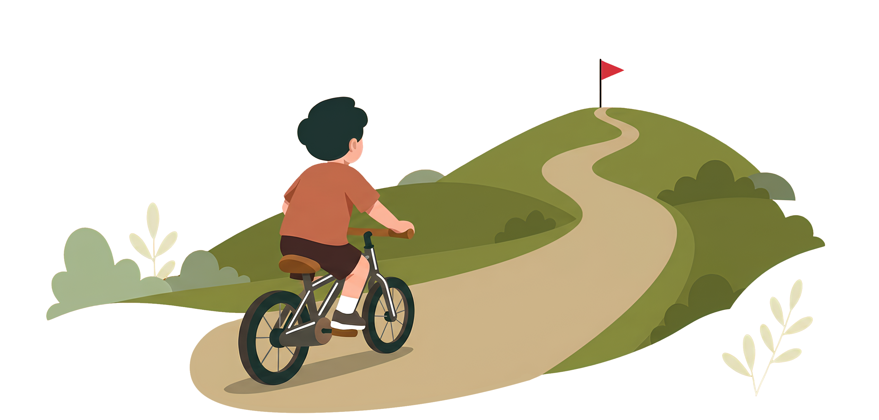 Child cycling along a path toward a flag